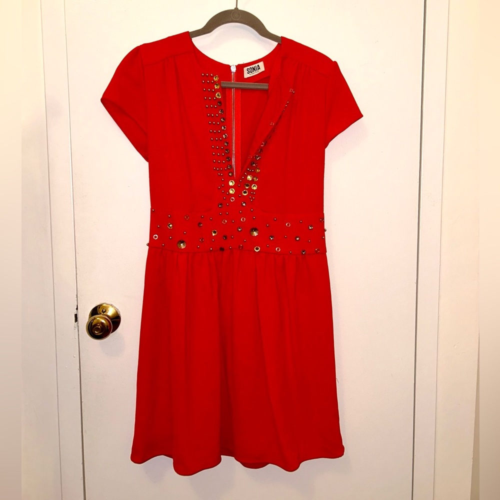 SONIA BY SONIA RYKIEL ORANGE-RED DRESS CRYSTAL & STUD EMBELLISHED DRESS SZ 40